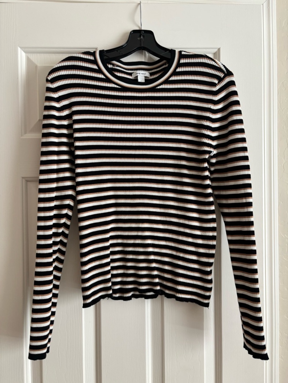 Nine West Black, White & Tan Striped Ribbed Long-Sleeve Top